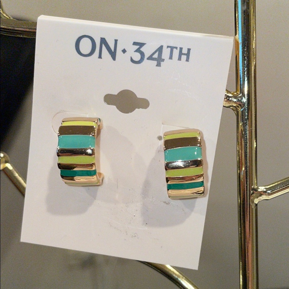 Enamel Striped Hoop Earrings in Greens and Gold Tones NWT